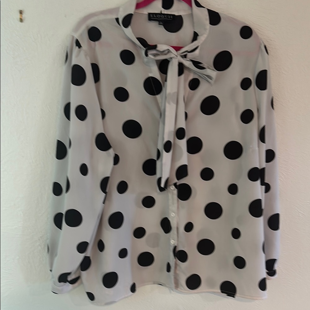 Eloquii Black and White Long Sleeve Tie Front Blouse